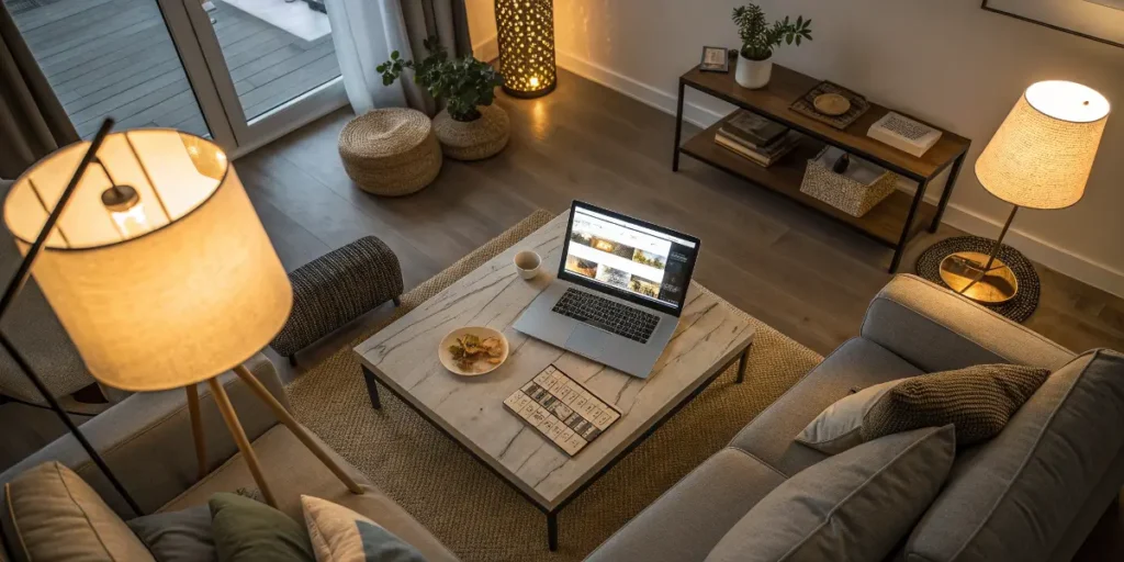 Modern home workspace with laptop, soft lighting, and comfortable couch.
