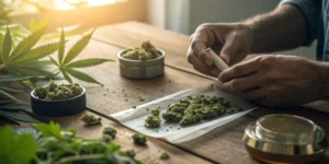 Hands rolling a cannabis joint on a wooden table, showing one of the factors that affect your weed high.