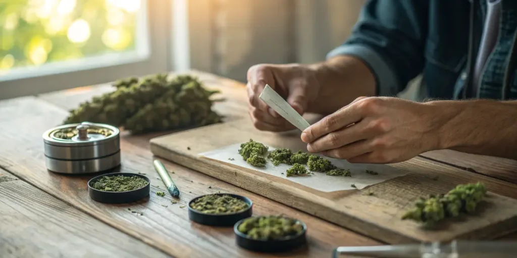 Hands rolling a joint with activated carbon smoking filters on a wooden table.