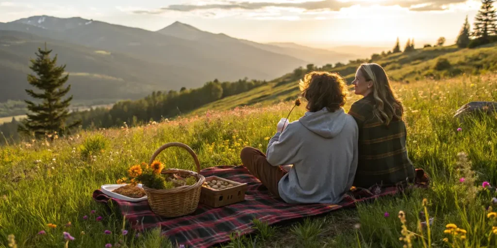 Couple enjoying a romantic outdoor picnic with cannabis products at sunset.