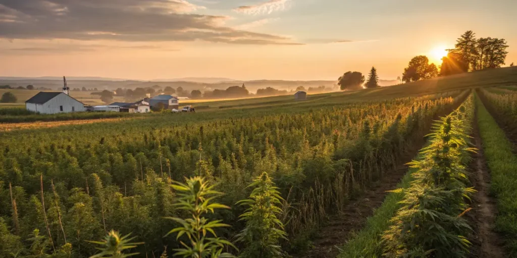 Rows of cannabis plants glowing under sunrise light symbolizing 7 Years Later: The Impact of Cannabis Legalization in the US.