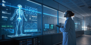 Scientist analyzing a digital 3D model of the human body to study the endocannabinoid system.