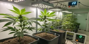 Sherbet queen auto plants thriving in a climate-controlled grow room with modern lighting system.