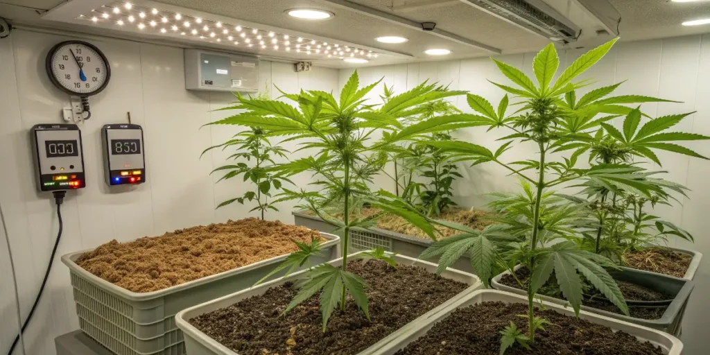 Sherbet queen auto plants growing under LED lights in a temperature-controlled indoor setup.