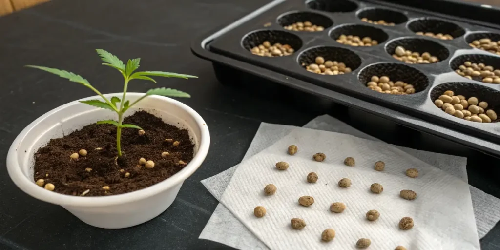 Sherbet queen auto seedlings growing in small pots beside germinating seeds on paper towels.