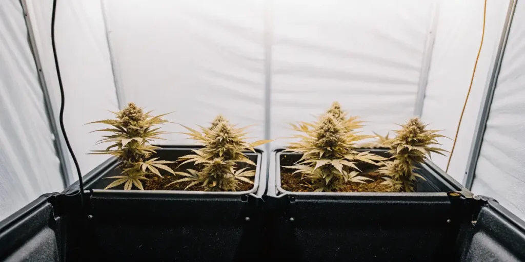 Small cannabis plants flowering inside a grow tent.