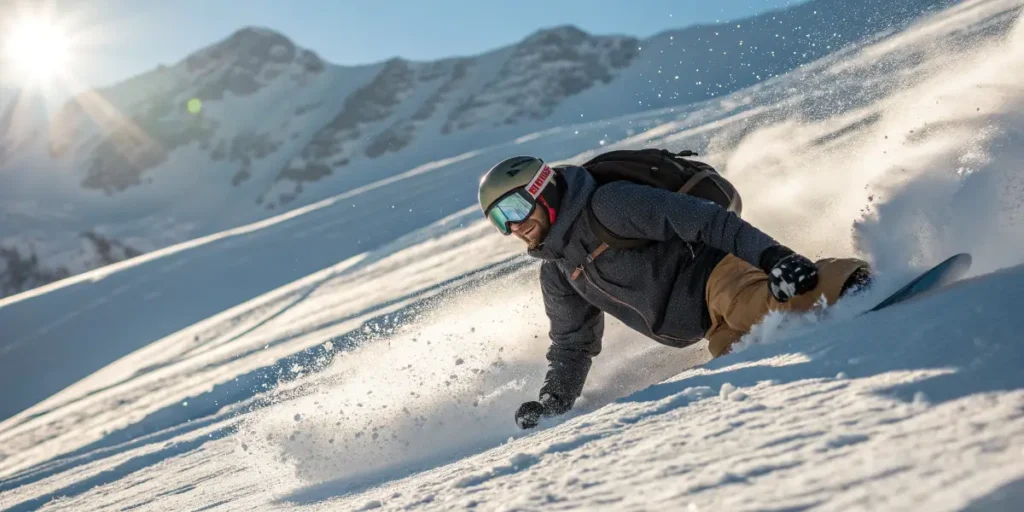 Snowboarder carving down a snowy mountain slope on a sunny winter day.