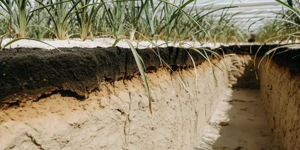 Soil trench showing nutrient-rich layers for cannabis root systems.
