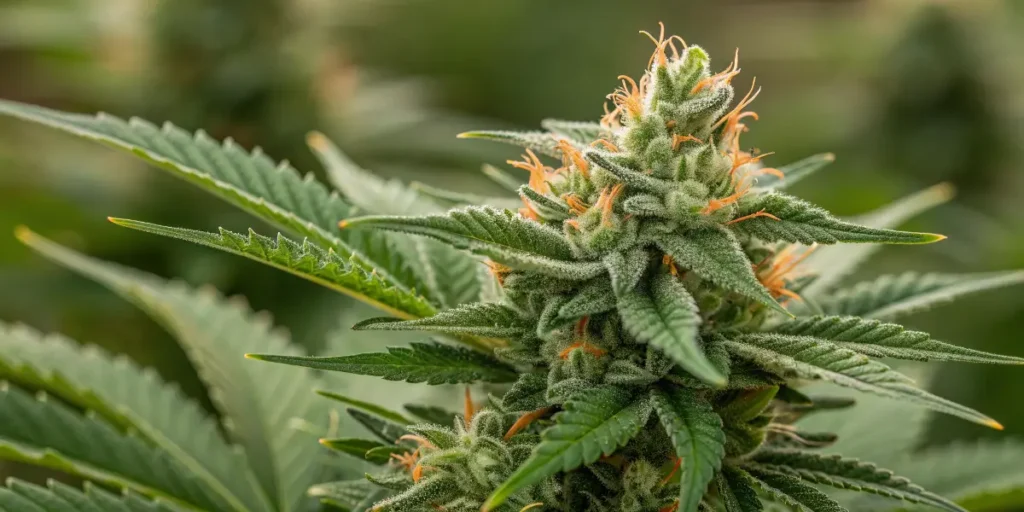 special queen 1 cannabis bud covered in frosty trichomes with bright orange pistils and lush green leaves.