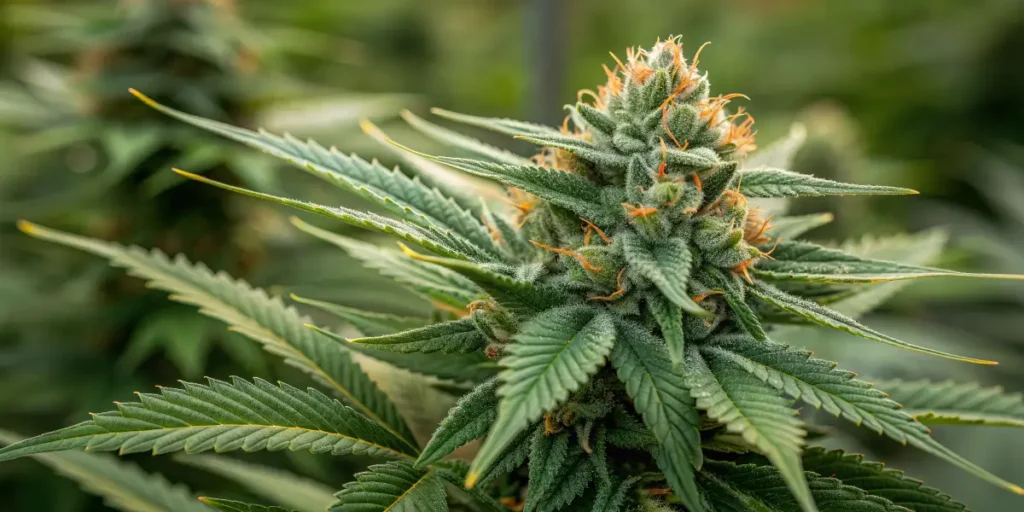 Dense special queen 1 cannabis bud covered in trichomes with orange pistils and dark green sugar leaves under soft light.