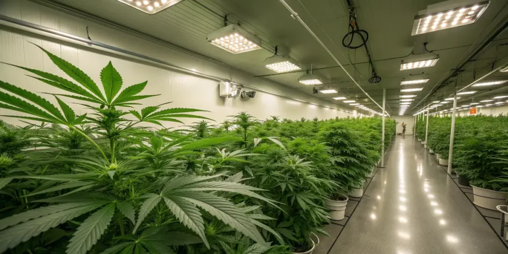 Special Queen 1 plants thriving under LED lights in a modern indoor grow room with reflective walls.