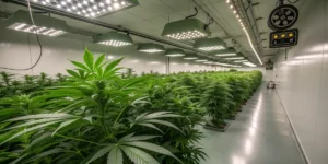 Special Queen 1 cannabis plants flourishing under green LED panels in a clean hydroponic facility.