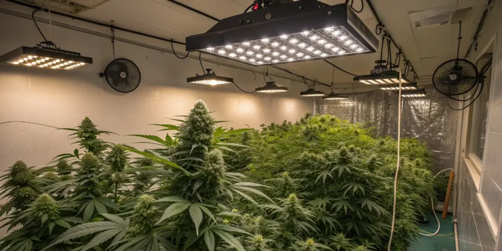 sugar bomb punch cannabis plants in flowering stage under bright LED grow lights.