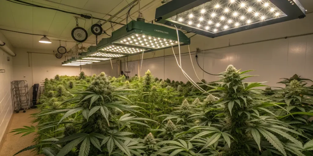 sugar bomb punch cannabis plants thriving indoors under LED lights and ventilation fans.