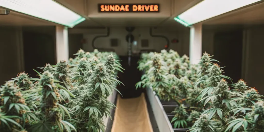 Indoor cannabis grow room labeled Sundae Driver with mature green plants.