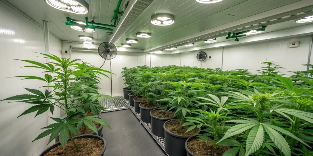 Swiss Dream Auto CBD cannabis plants in full flowering stage under LED grow lights.