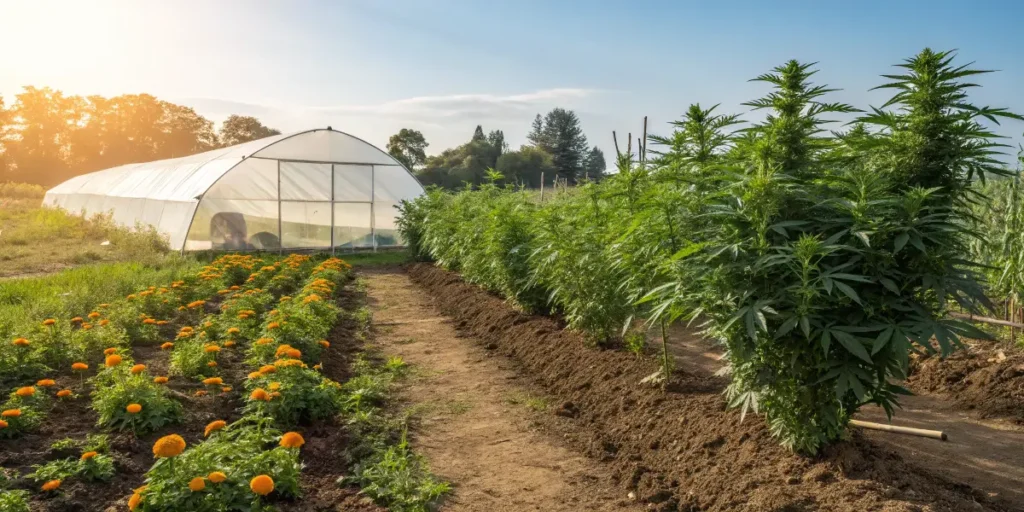Swiss Dream Auto CBD plantation in open field near greenhouses at sunset.