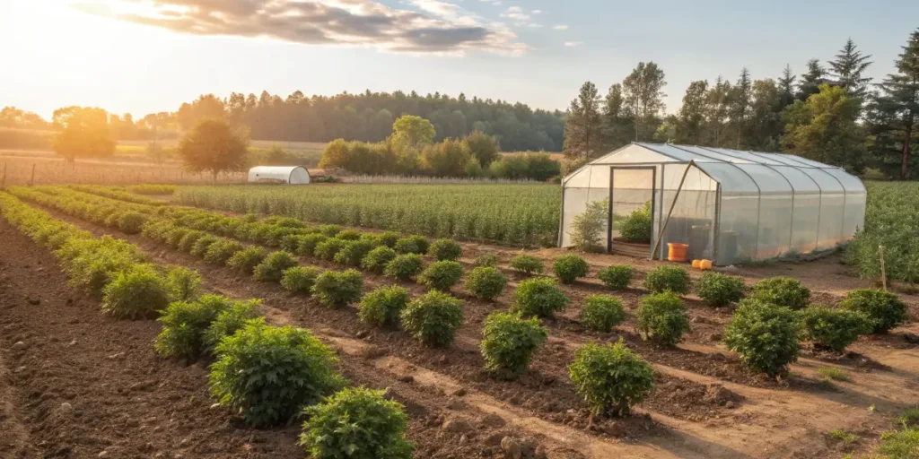 Swiss Dream Auto CBD plants growing outdoors beside a greenhouse under the sun.