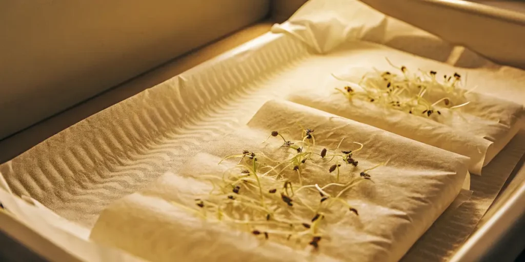 Thai Fantasy cannabis seeds sprouting in trays with the paper towel method.