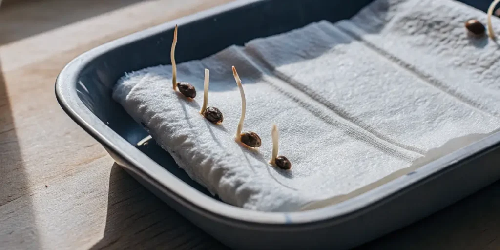 Thai Fantasy cannabis seeds germinating using the paper towel method.