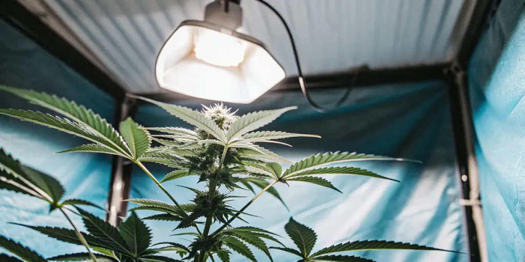 Triple G cannabis plant growing indoors under artificial grow light.