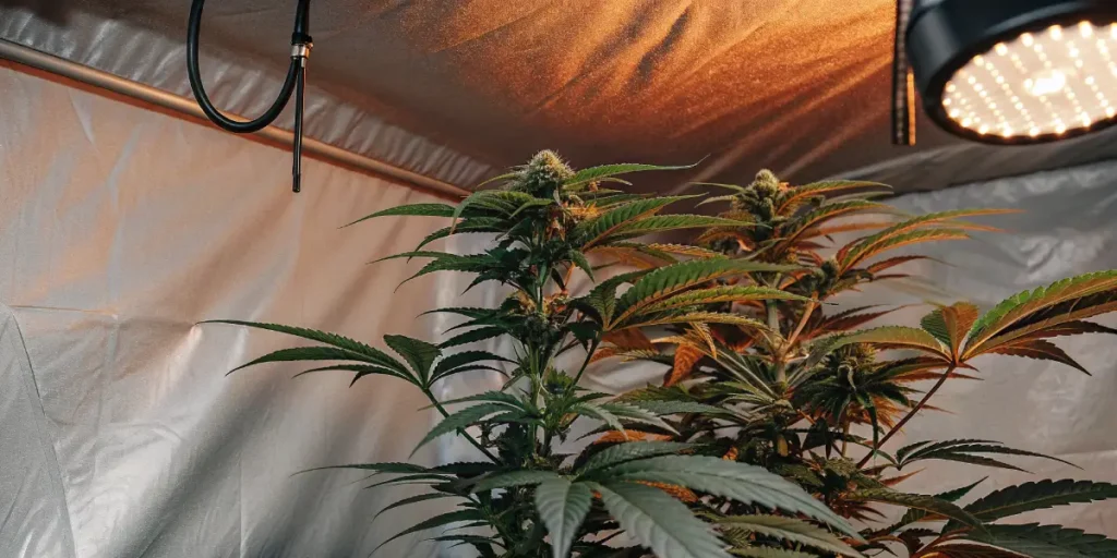 Triple G cannabis plants developing buds inside a grow tent with LED lighting.