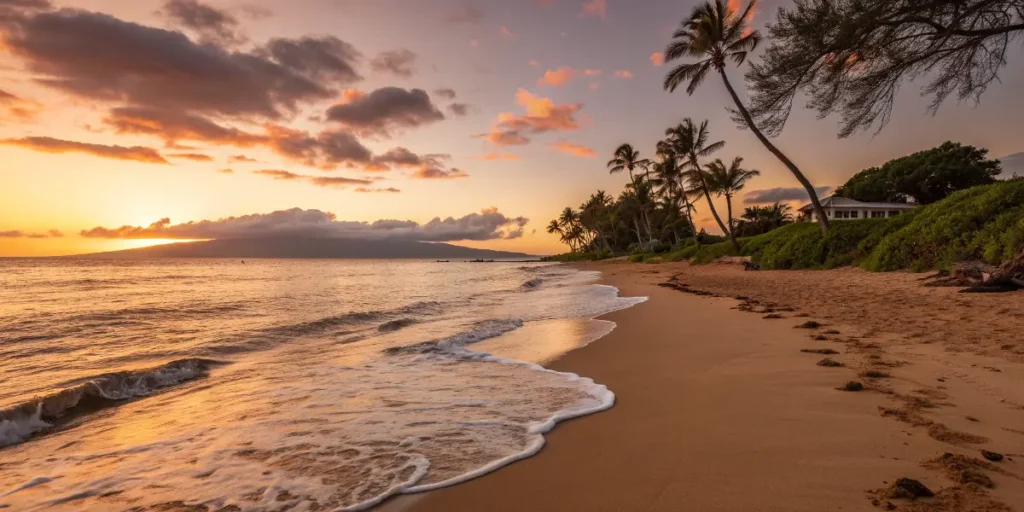Golden beach at sunset with palm trees, an ideal tropical location to visit while high.