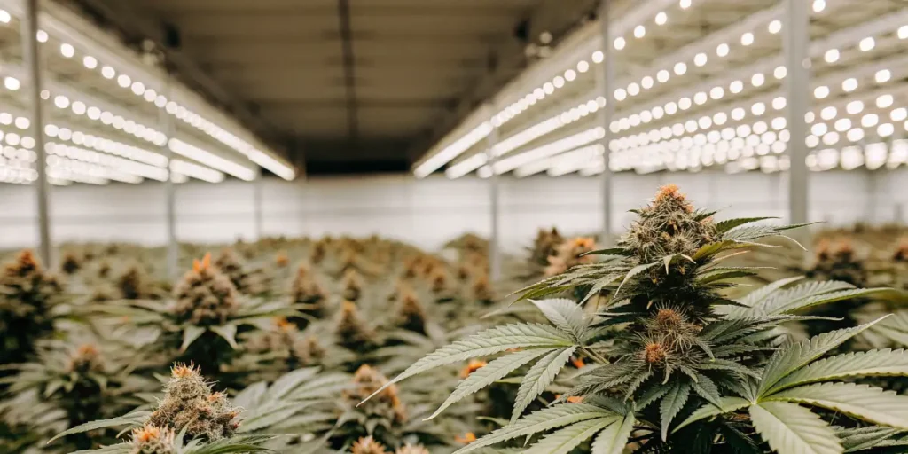 Tropicana Cookies cannabis plants flourishing in an indoor grow facility with strong lighting.