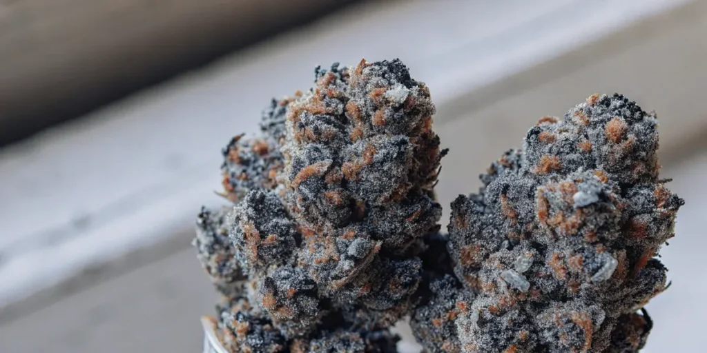 Close-up of frosty Tropicana Cookies purple cannabis buds with vibrant orange hairs and heavy trichome coating.