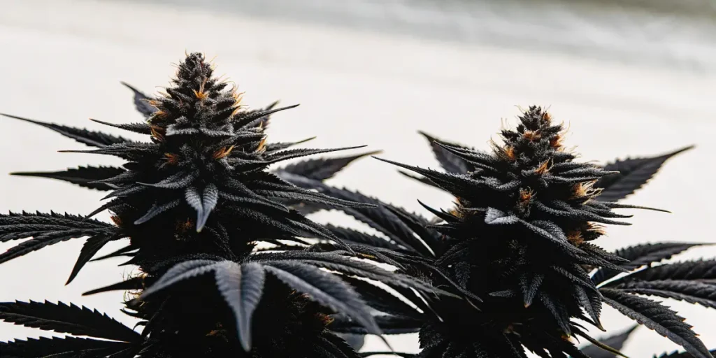 Tropicana Cookies cannabis plant with dark purple leaves and dense frosty buds outdoors.