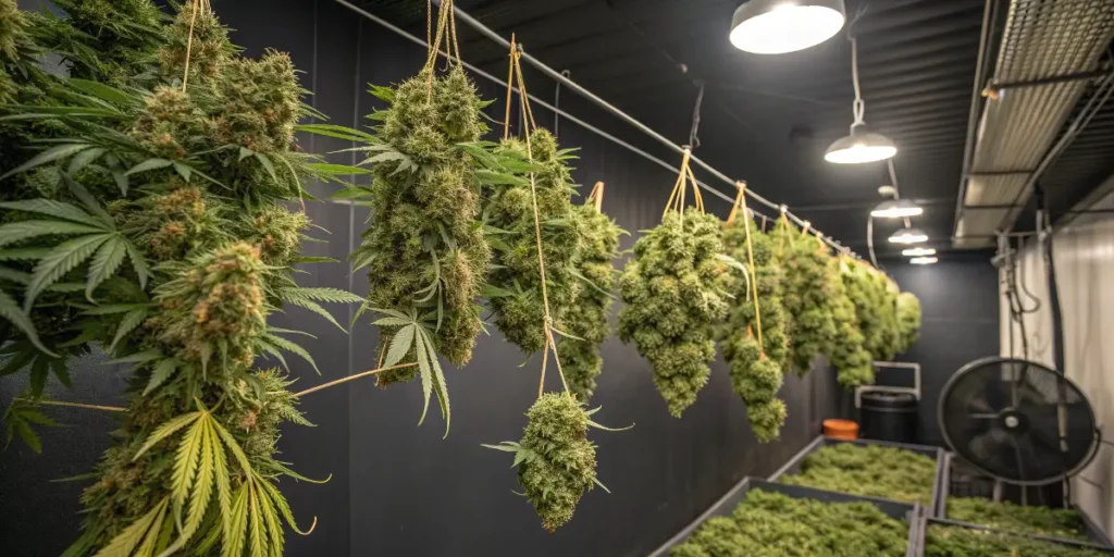 sugar bomb punch cannabis buds drying on hanging lines under indoor lights with fans.