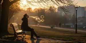 Person sitting on a park bench blowing smoke rings during sunset.