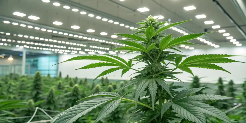 cannabis plants in vegetative growth under LED lighting.