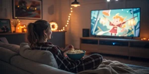 Cozy living room with LED lights and a TV showing colorful animated landscapes about 10 Cartoons You Have To Watch Stoned.