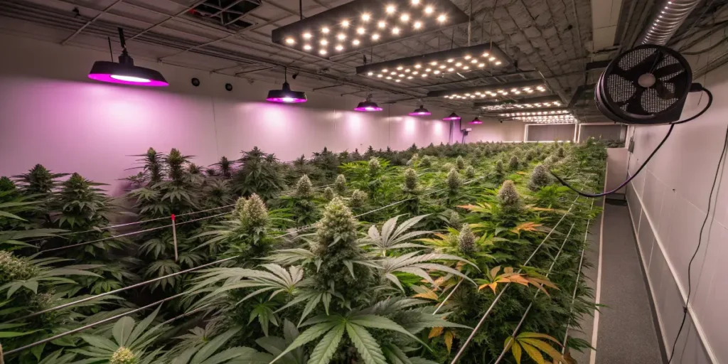Watermelon cannabis plants thriving under LED and purple lights with ventilation fans in a large grow facility.