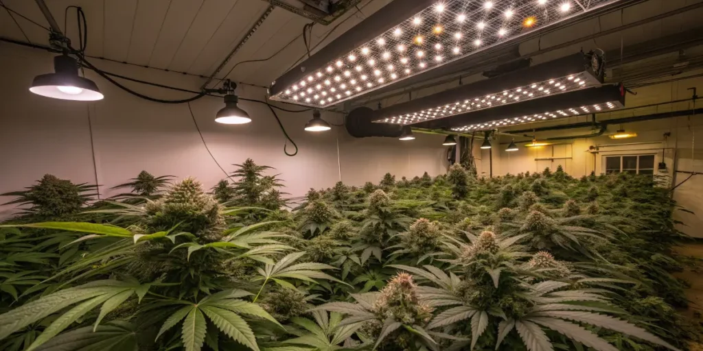 Watermelon cannabis plants growing indoors under bright LED grow lights in a controlled cultivation room.