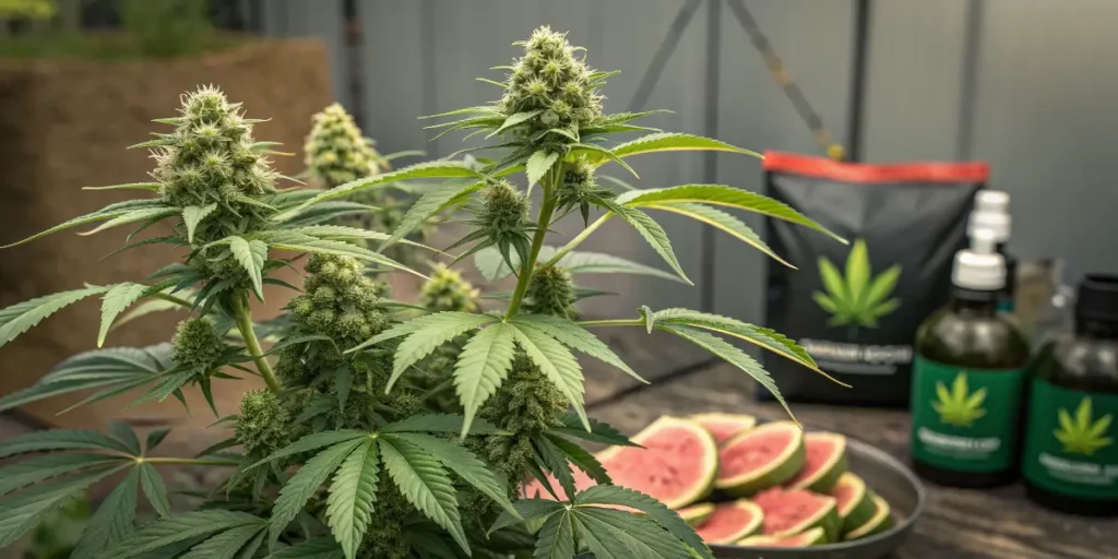 Vibrant watermelon cannabis plant with ripe buds next to watermelon slices and green bottles outdoors.