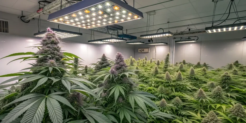 Watermelon zkittlez plants with purple-tinted buds illuminated by LED grow lights.