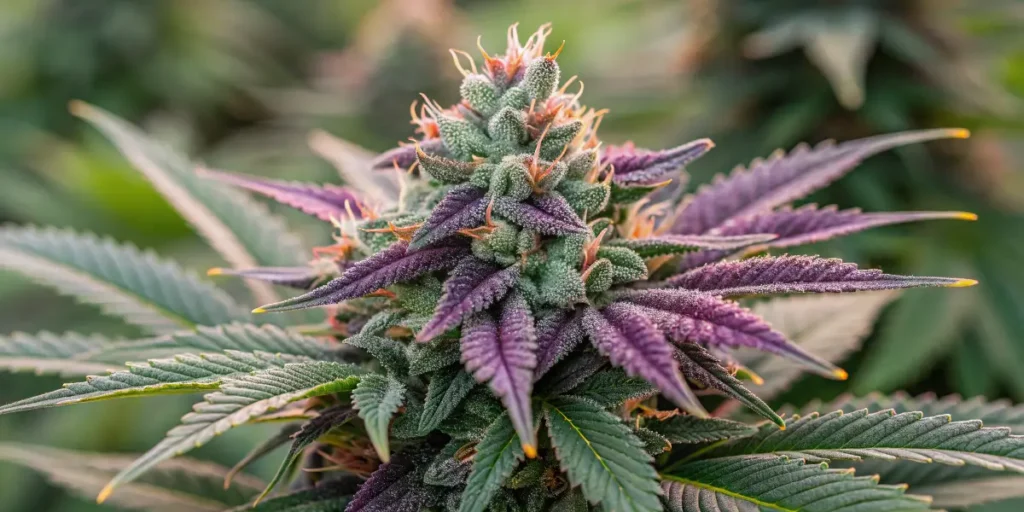 Watermelon zkittlez bud covered in trichomes with shades of green and purple.