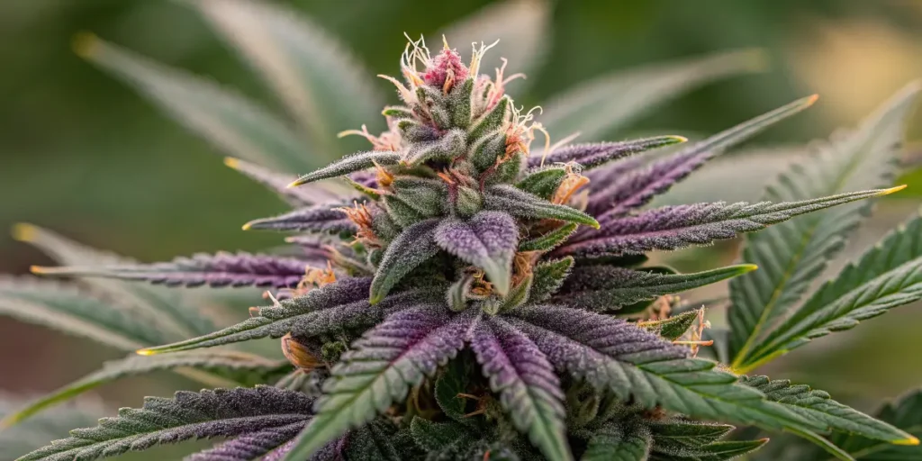 Close-up of watermelon zkittlez buds with frosty trichomes and deep purple leaves.