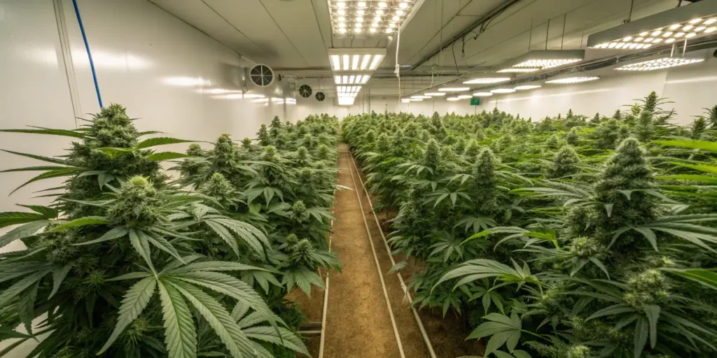 Close view of wedding cake cannabis plants with thick buds and bright indoor lighting.
