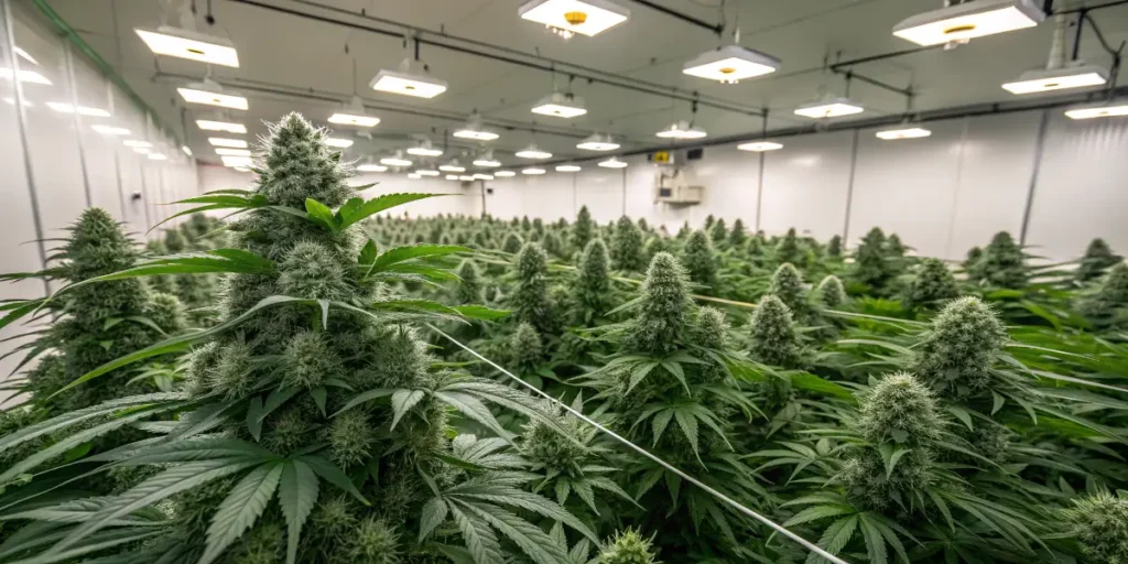 Wedding cake plants in full bloom under LED lights in a clean indoor grow room.