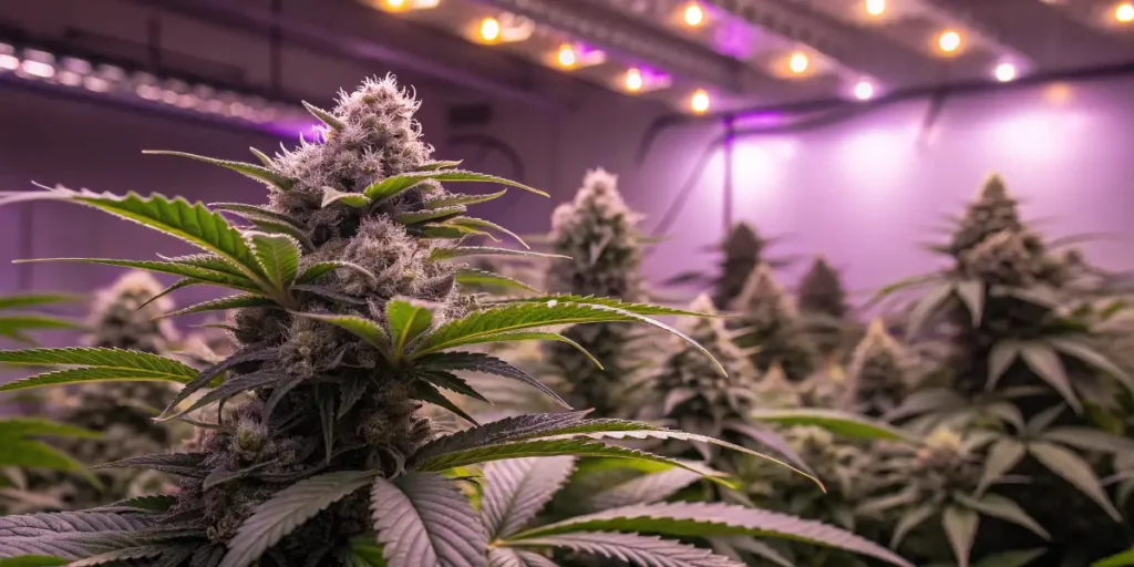 Wedding Crasher cannabis buds covered in trichomes under vibrant LED grow lights in an indoor room.