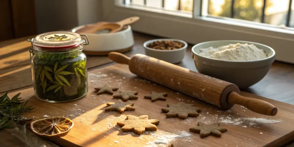 gingerbread cookie dough with cannabis leaf and baking ingredients on wooden table.