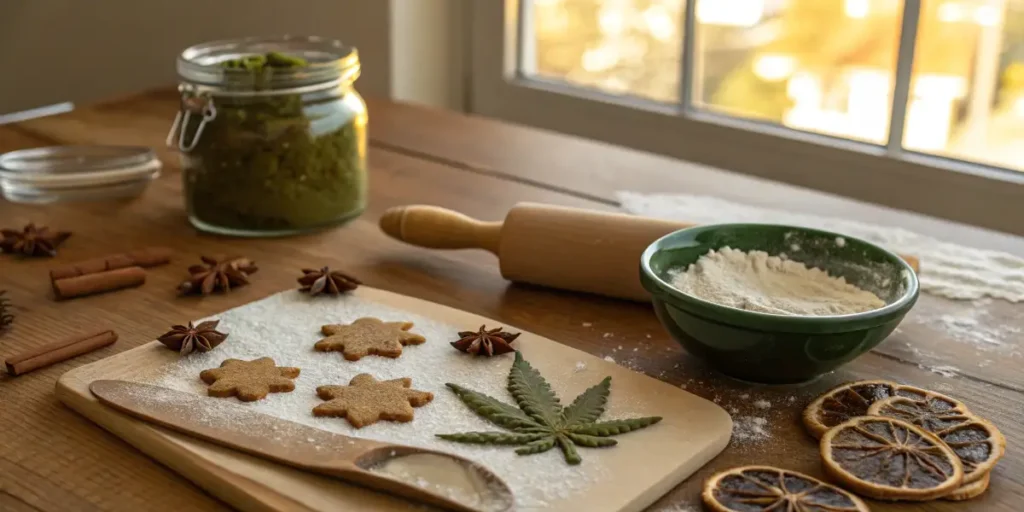 freshly baked weed-infused gingerbread cookies on a tray decorated with cannabis leaves.
