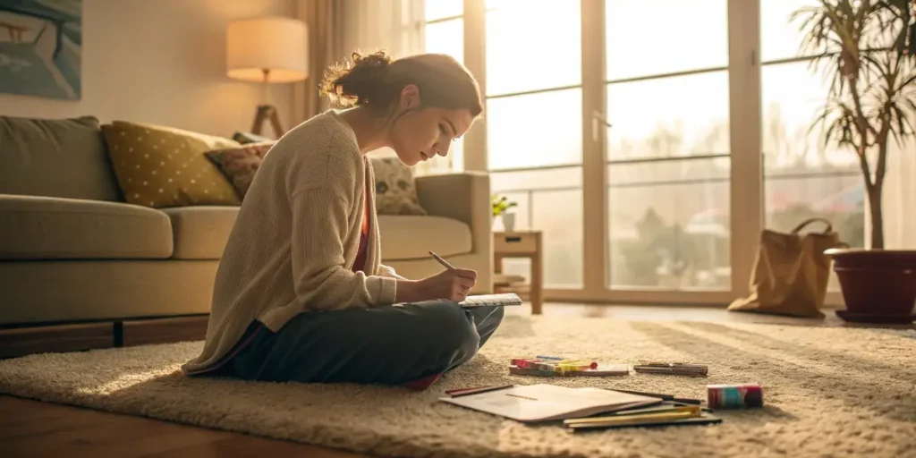 Woman sitting on the floor drawing and lonking for tips to stay productive while high  in a sunlit living room, staying focused and creative.