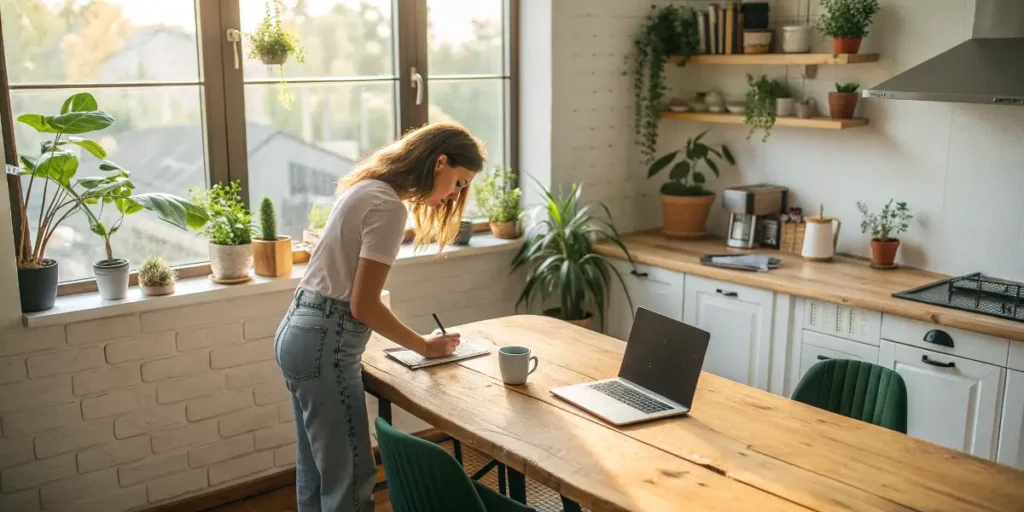 Woman writing notes beside a laptop in a cozy kitchen filled with plants.