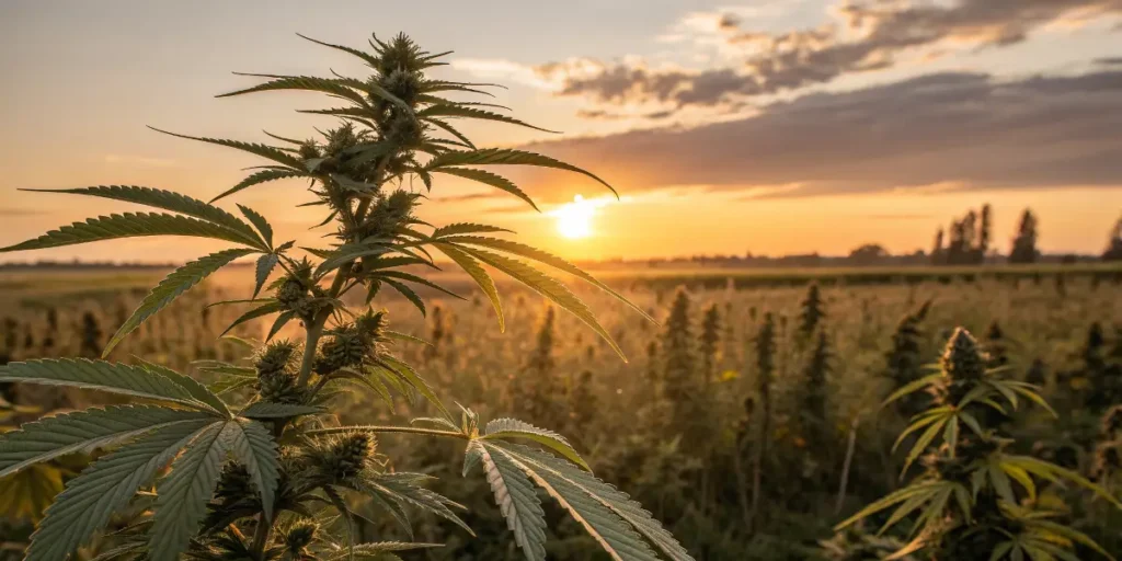 Cannabis plant field under a golden sunset symbolizing record-breaking cultivation.
