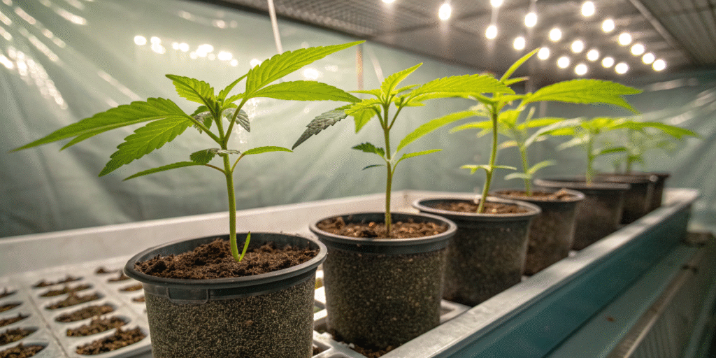 Young Auto Jack Herer plants thriving under indoor grow lights.