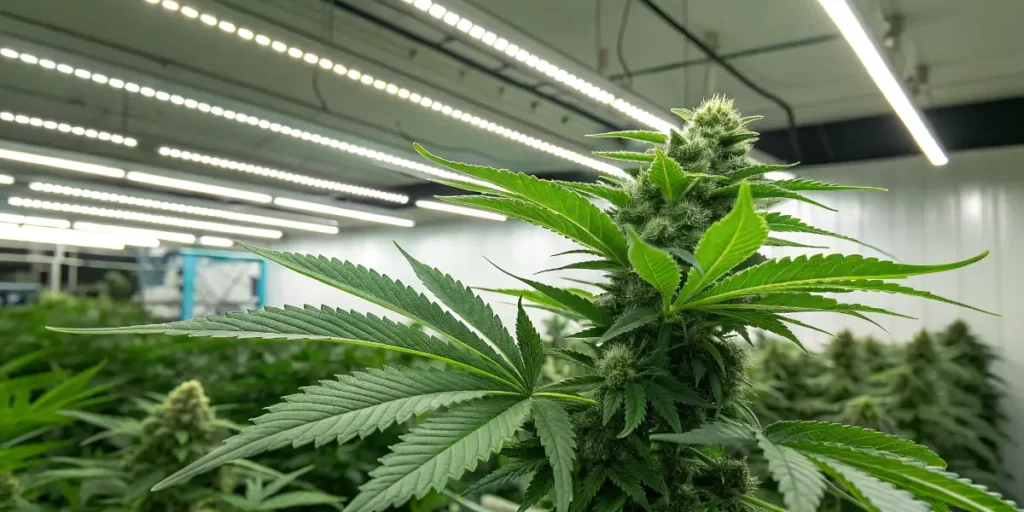 Blue Dream cannabis seedlings developing in trays under LED grow lights.